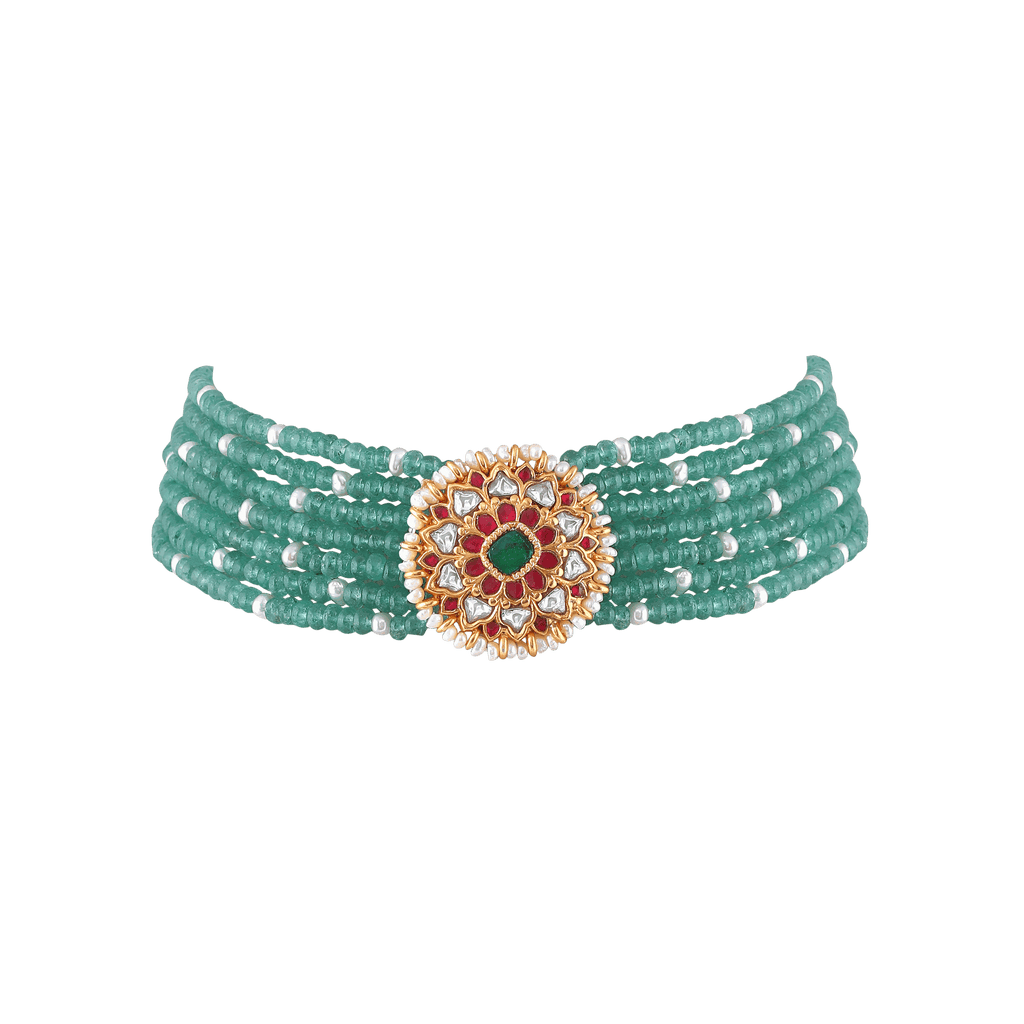 Silver Green Bead Choker Necklace With Kundan Pattern PendantSilver Green Bead Choker