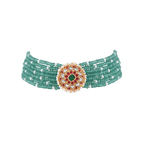 Silver Green Bead Choker Necklace With Kundan Pattern PendantSilver Green Bead Choker