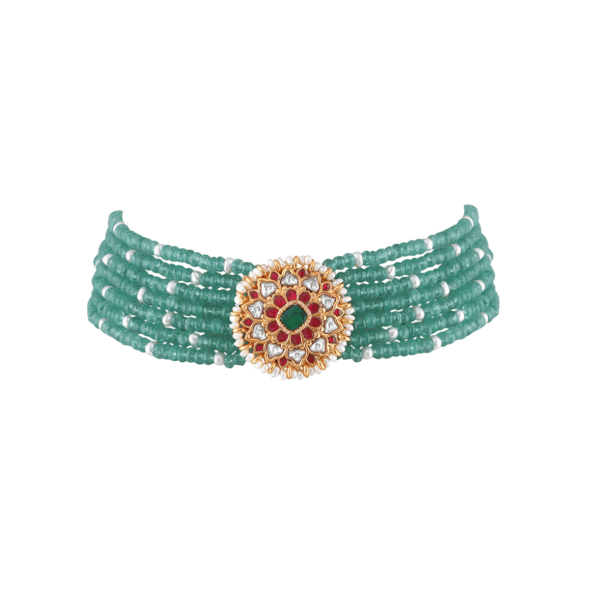 Silver Green Bead Choker Necklace With Kundan Pattern PendantSilver Green Bead Choker