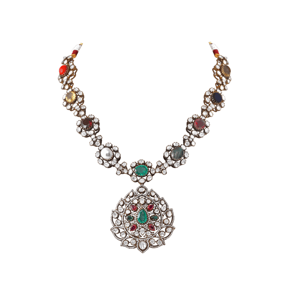 Silver Navaratna Polki Pattern Necklace with CZ Floral MedallionSilver Navaratna Necklace