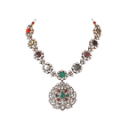 Silver Navaratna Polki Pattern Necklace with CZ Floral MedallionSilver Navaratna Necklace