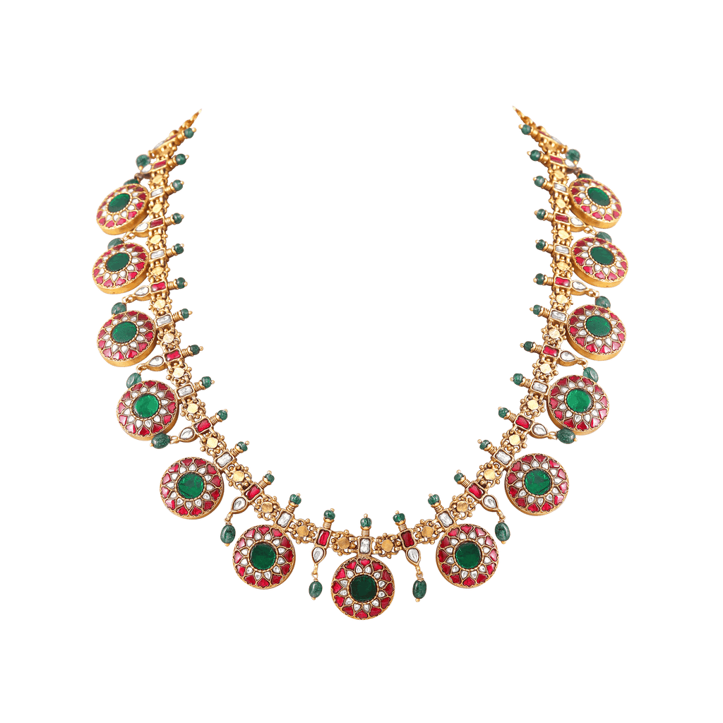 Silver Kundan Pattern Bottu Necklace with Green BeadsSilver Kundan Pattern Bottu Necklace