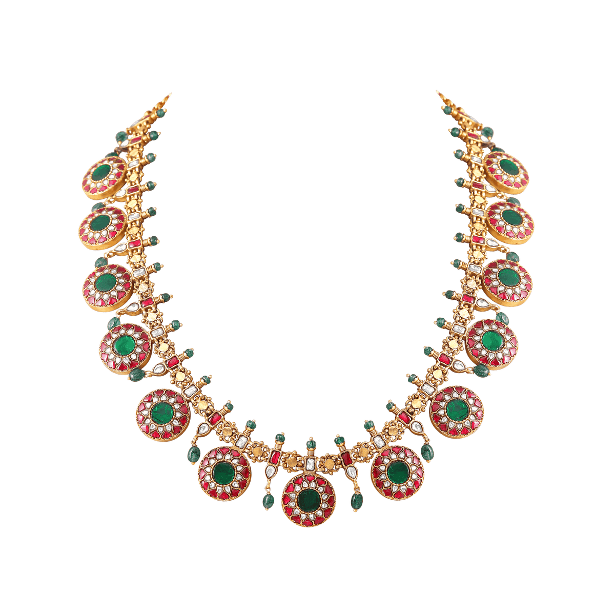 Silver Kundan Pattern Bottu Necklace with Green BeadsSilver Kundan Pattern Bottu Necklace