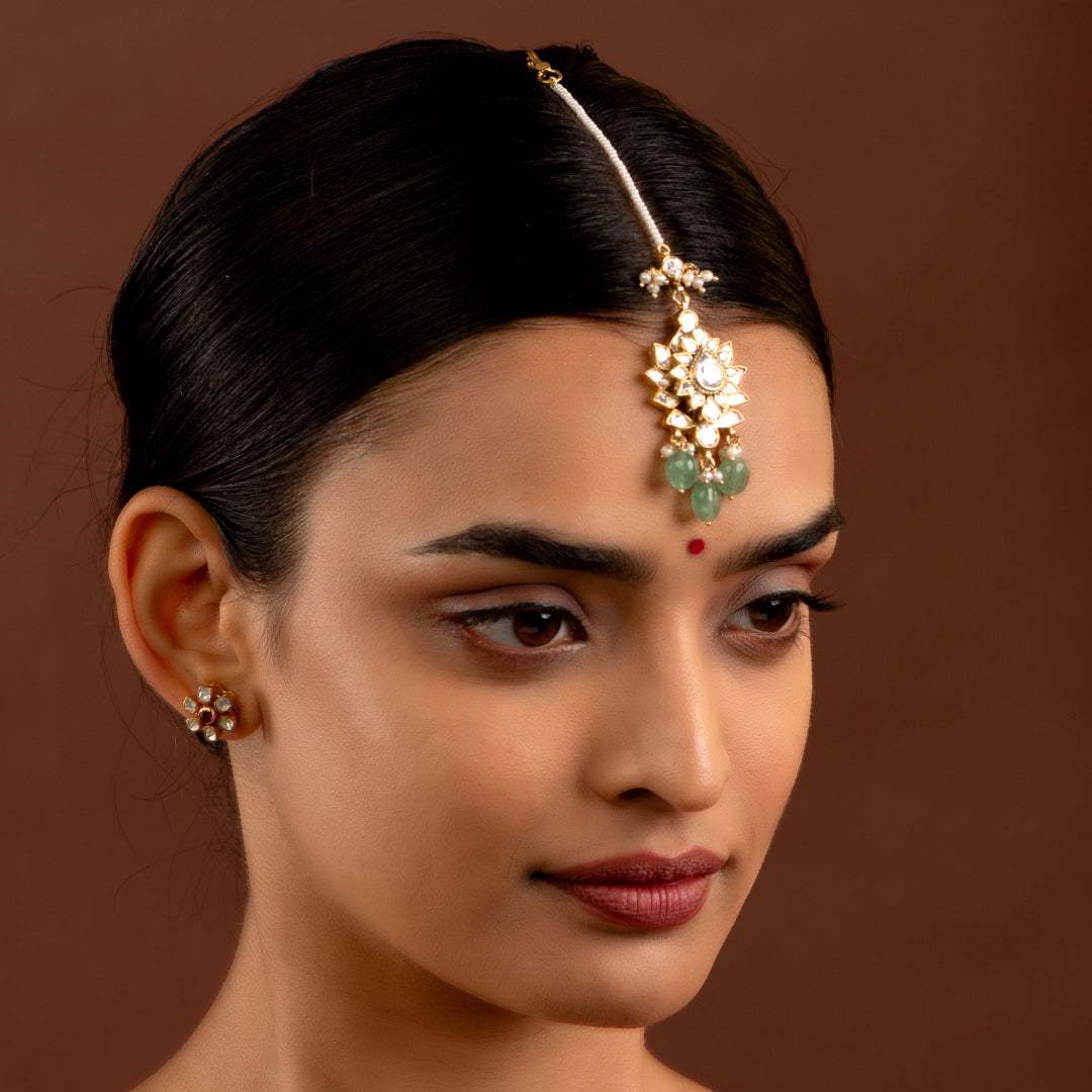 Silver Maang Tikka with Pearls and Green Beads by Tavya Jewellery - full view
