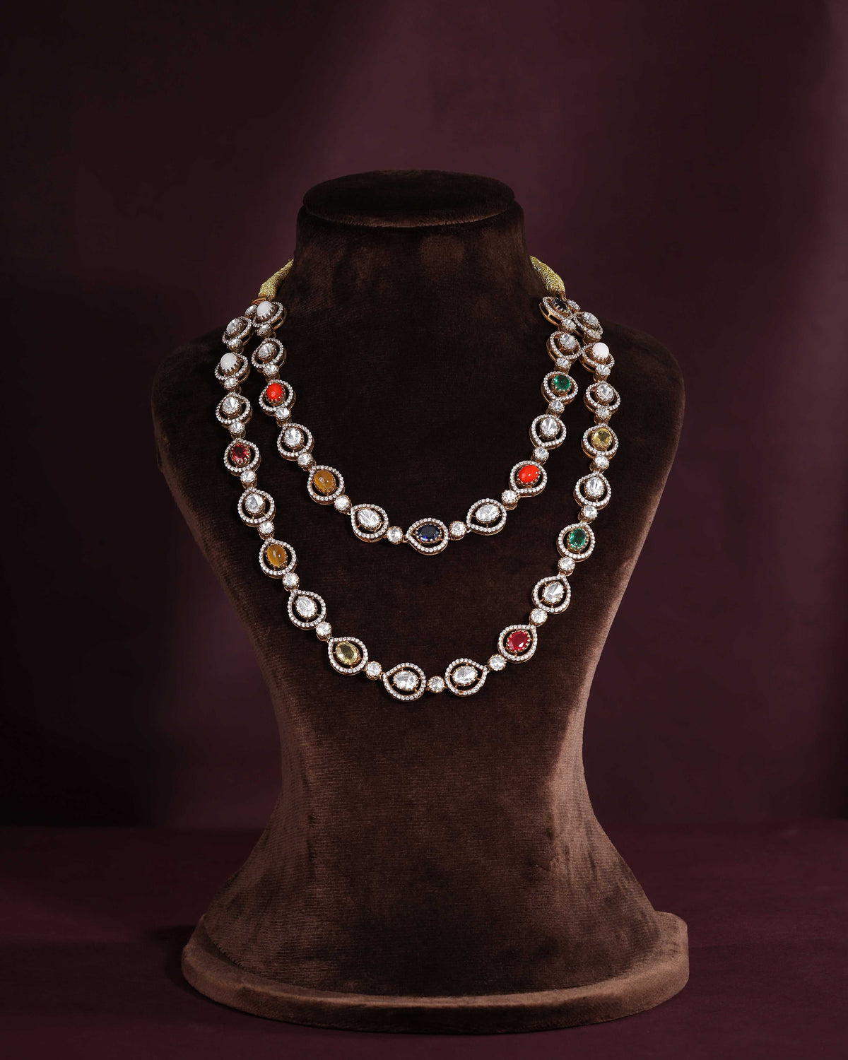 Regal Navratan Design Silver Double-Layered NecklaceRegal Navratan Design