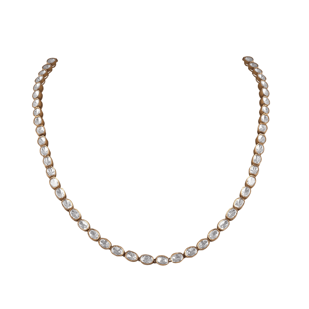 Polki-Style 92.5 Silver Necklace featuring clear CZ stones set in gold-toned frames forming a classic Mala silhouette.
