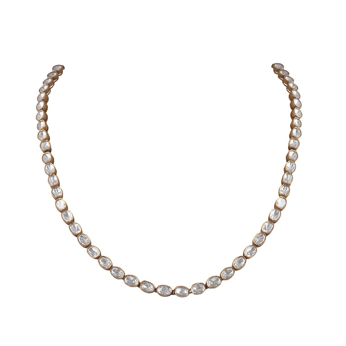 Polki-Style 92.5 Silver Necklace featuring clear CZ stones set in gold-toned frames forming a classic Mala silhouette.