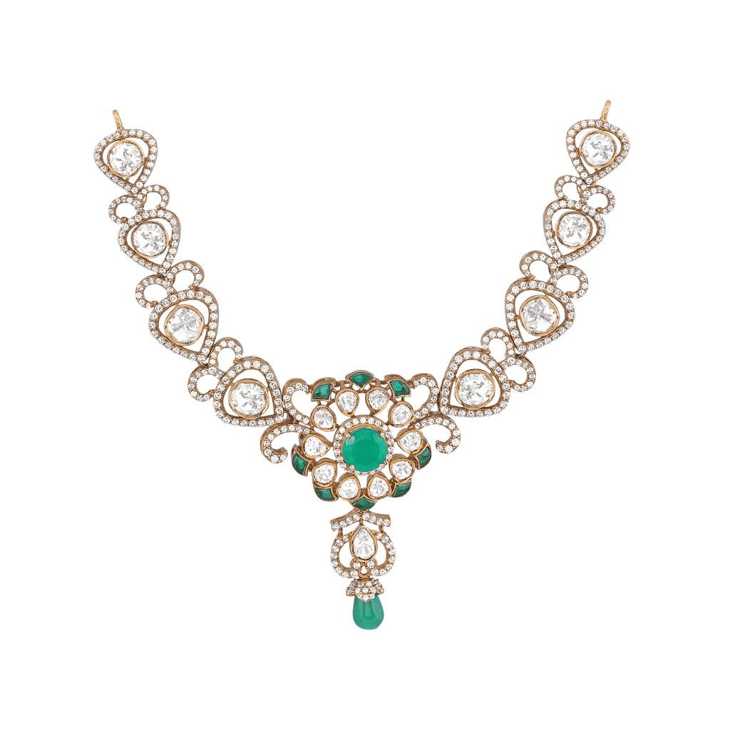 Silver Polki Pattern short necklace in gold-tone with clear and green stones arranged in geometric floral design
