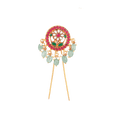 Vintage-Inspired Floral gold-toned hair pin with red and white floral motif, green leaves, and dangling green bead and pearl accents.