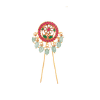 Vintage-Inspired Floral gold-toned hair pin with red and white floral motif, green leaves, and dangling green bead and pearl accents.