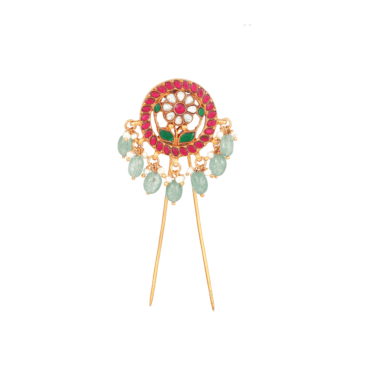 Vintage-Inspired Floral gold-toned hair pin with red and white floral motif, green leaves, and dangling green bead and pearl accents.