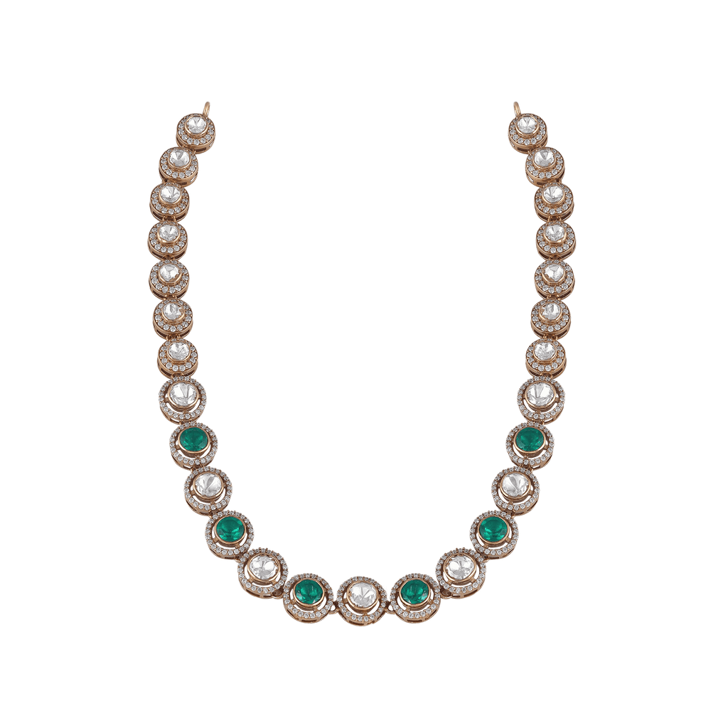 92.5 Silver Necklace featuring alternating green and white stones, each surrounded by a sparkling halo in a vintage-inspired design.
