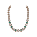 92.5 Silver Necklace featuring alternating green and white stones, each surrounded by a sparkling halo in a vintage-inspired design.