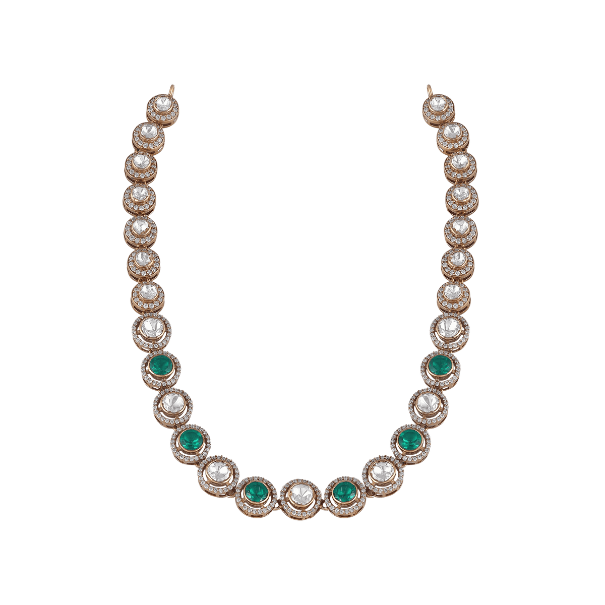 92.5 Silver Necklace featuring alternating green and white stones, each surrounded by a sparkling halo in a vintage-inspired design.