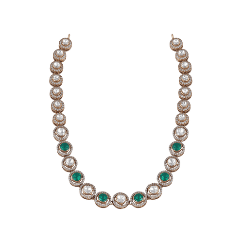 92.5 Silver Necklace featuring alternating green and white stones, each surrounded by a sparkling halo in a vintage-inspired design.