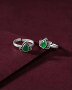 Oxidized Silver Green Stone Teardrop Toe RingsOxidized Silver