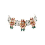 92.5 Silver Kundan choker featuring multiple strands of white pearls with gold-tone medallions set with kundan stones, red rubies, and green emerald drops.