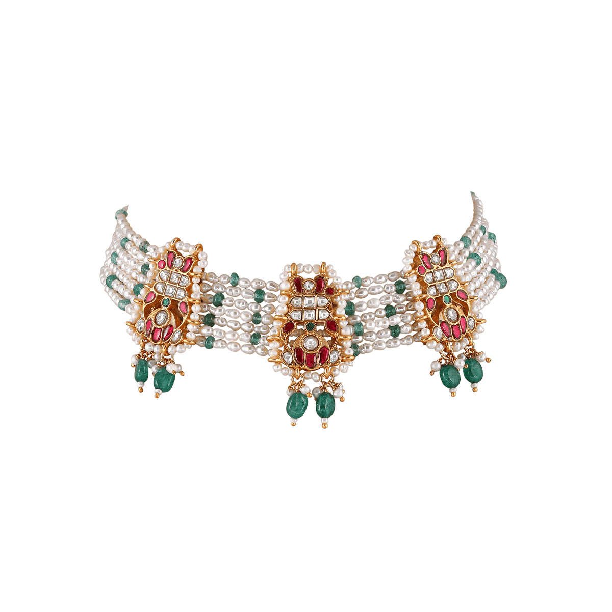 92.5 Silver Kundan choker featuring multiple strands of white pearls with gold-tone medallions set with kundan stones, red rubies, and green emerald drops.