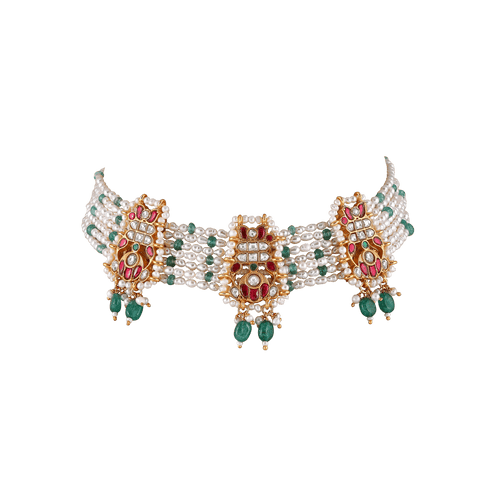 92.5 Silver Kundan choker featuring multiple strands of white pearls with gold-tone medallions set with kundan stones, red rubies, and green emerald drops.