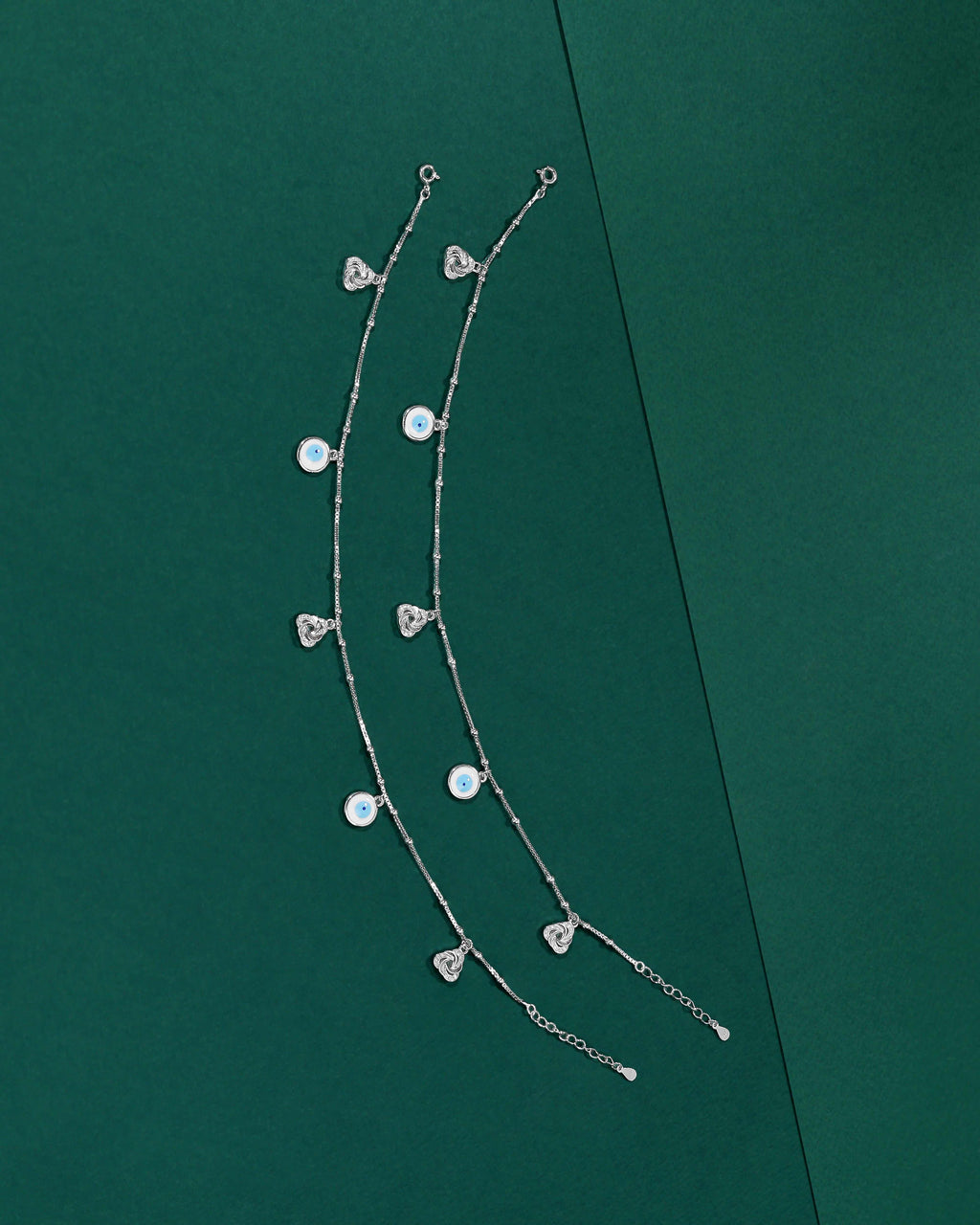Silver Evil Eye Anklet Pair with Sparkling CZ Accents by Tavya Jewellery - close-up detail