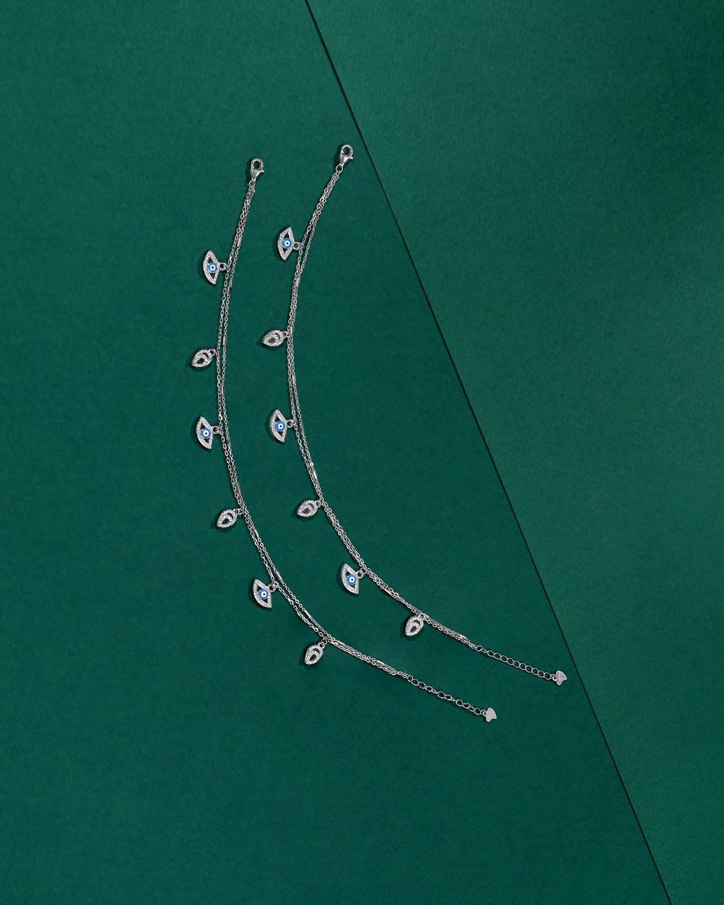 Silver Double Layer Evil Eye & CZ Leaf AnkletsSilver Double Layer Anklets