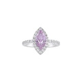 92.5 Silver ring with a marquise-cut lavender center stone surrounded by a halo of pavé-set clear stones and a polished band