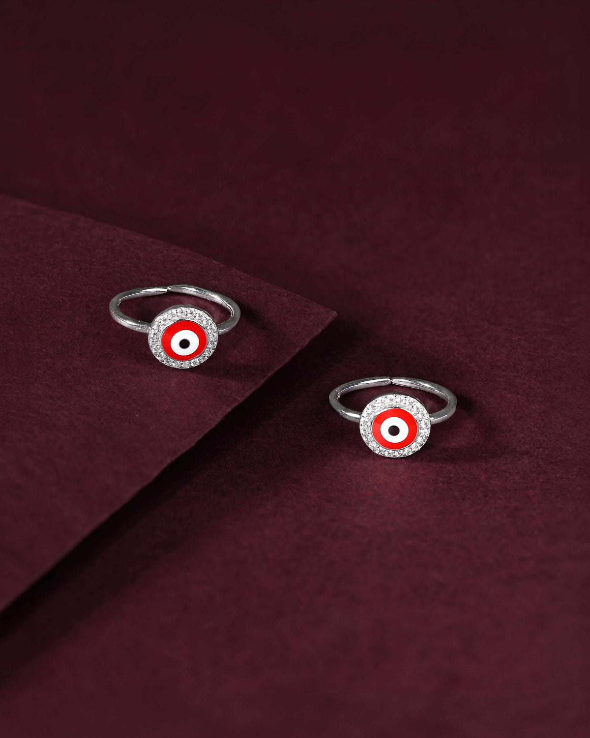 Silver Red Evil Eye Toe Rings with CZ HaloSilver Red Evil Eye Toe Rings