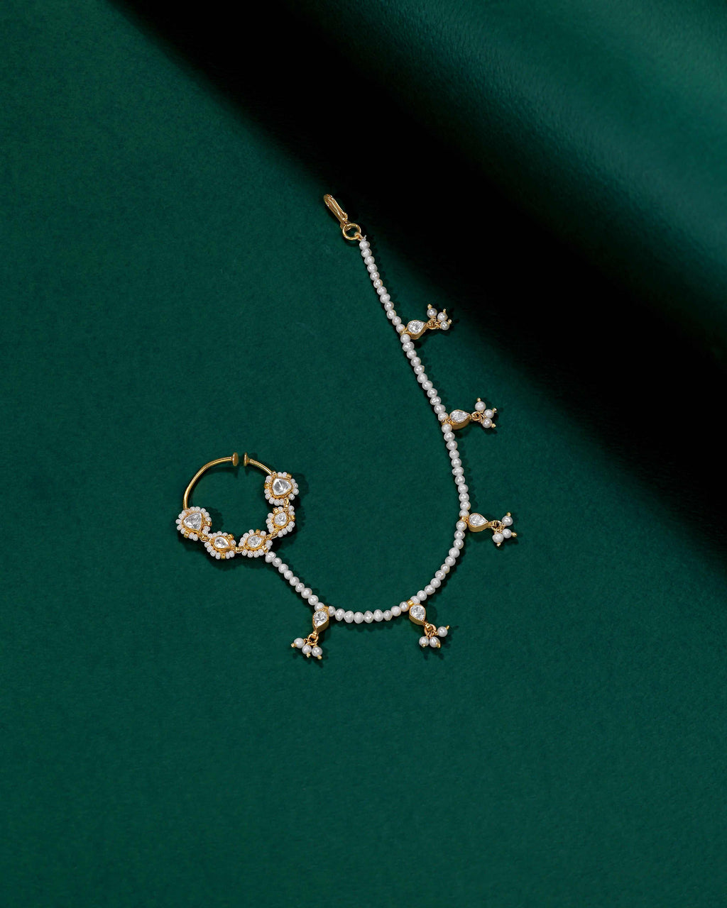 Silver Polki Pattern Nath with Pearl Sahare ChainSilver Polki Pattern Nath
