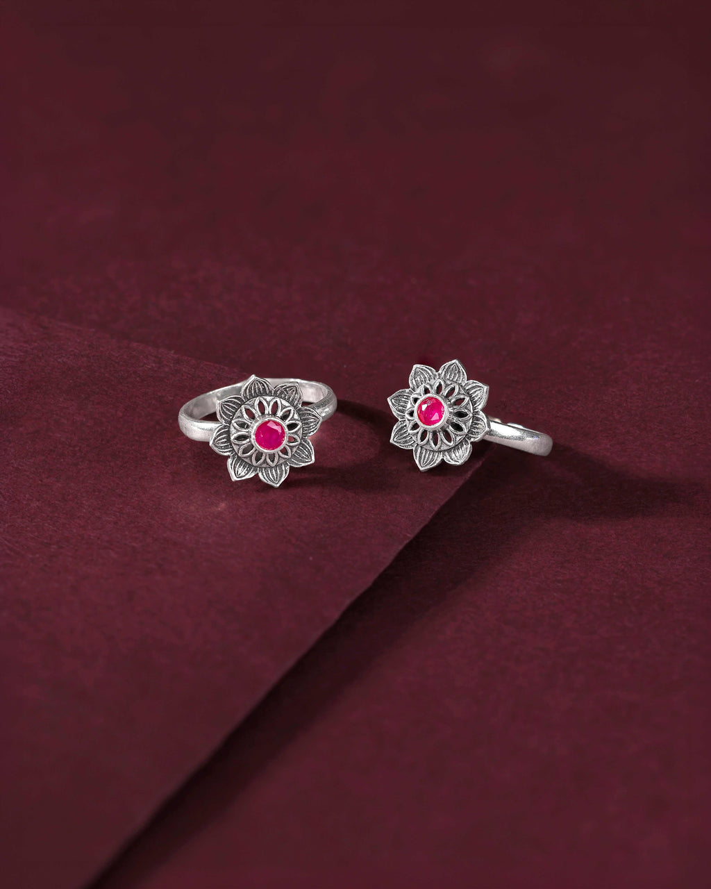 Pure 92.5 Silver Lotus-Bloom Toe Rings with Red Centre StonePure 92.5 Silver