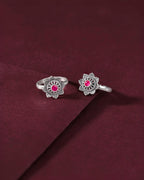 Pure 92.5 Silver Lotus-Bloom Toe Rings with Red Centre StonePure 92.5 Silver