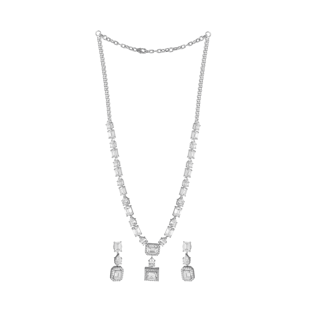 Geometric Deco Silver Necklace set with hallmarked 92.5 silver, featuring step-cut and brilliant-cut CZ stones in a linear drop design with matching drop earrings.