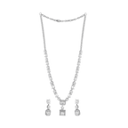 Geometric Deco Silver Necklace set with hallmarked 92.5 silver, featuring step-cut and brilliant-cut CZ stones in a linear drop design with matching drop earrings.