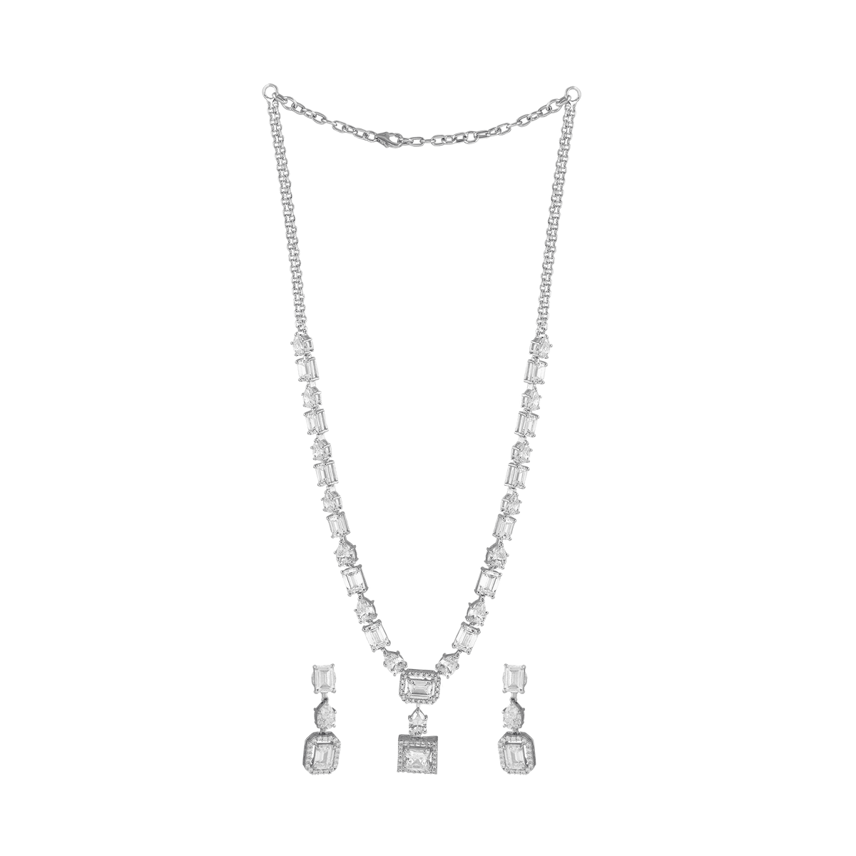Geometric Deco Silver Necklace set with hallmarked 92.5 silver, featuring step-cut and brilliant-cut CZ stones in a linear drop design with matching drop earrings.