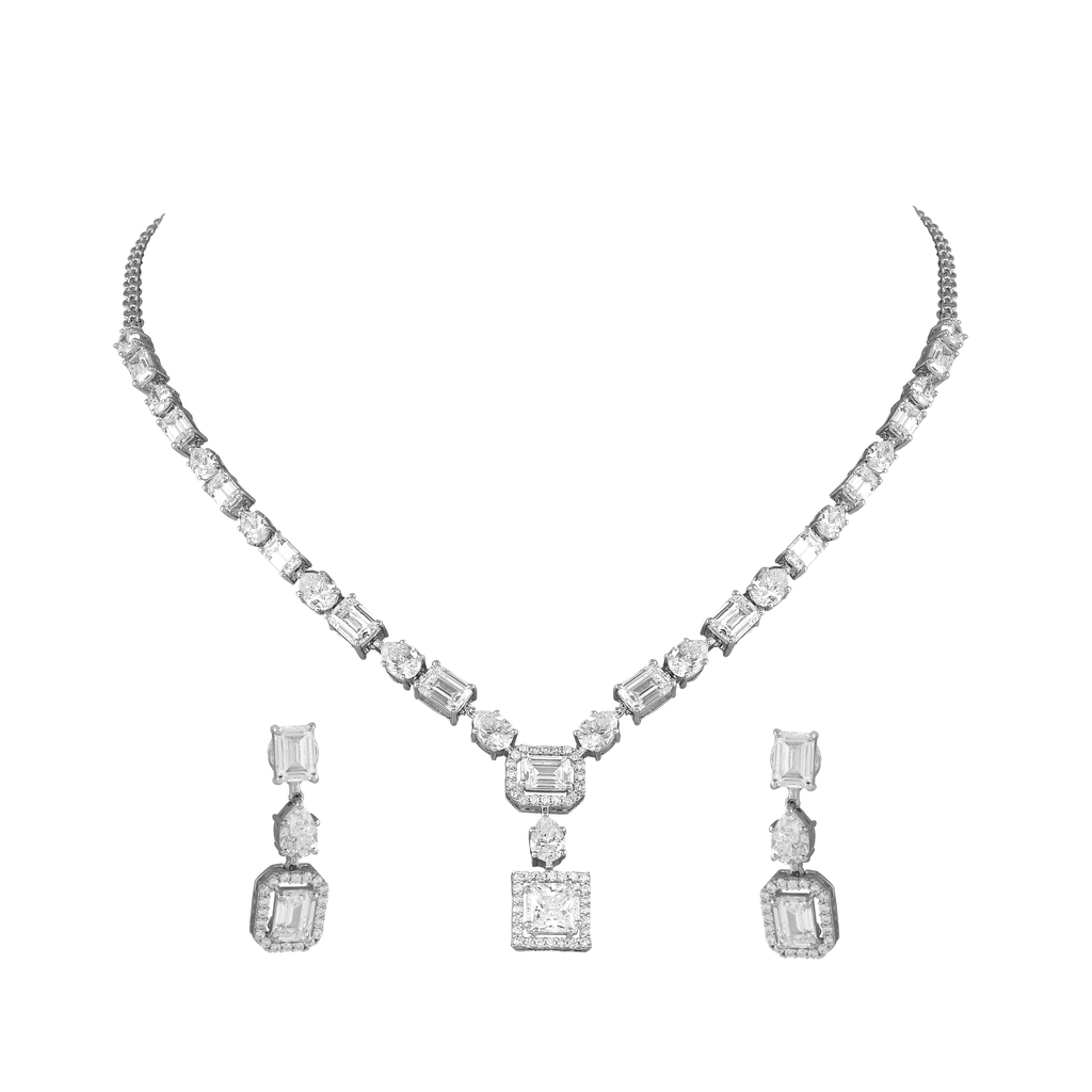 Geometric Deco Silver Necklace & Earrings SetGeometric Deco Silver Necklace
