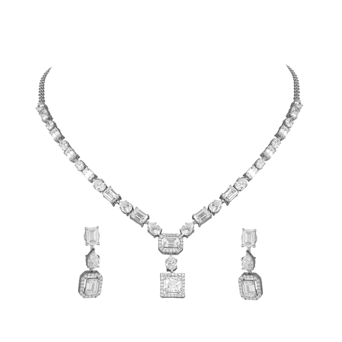 Geometric Deco Silver Necklace & Earrings SetGeometric Deco Silver Necklace