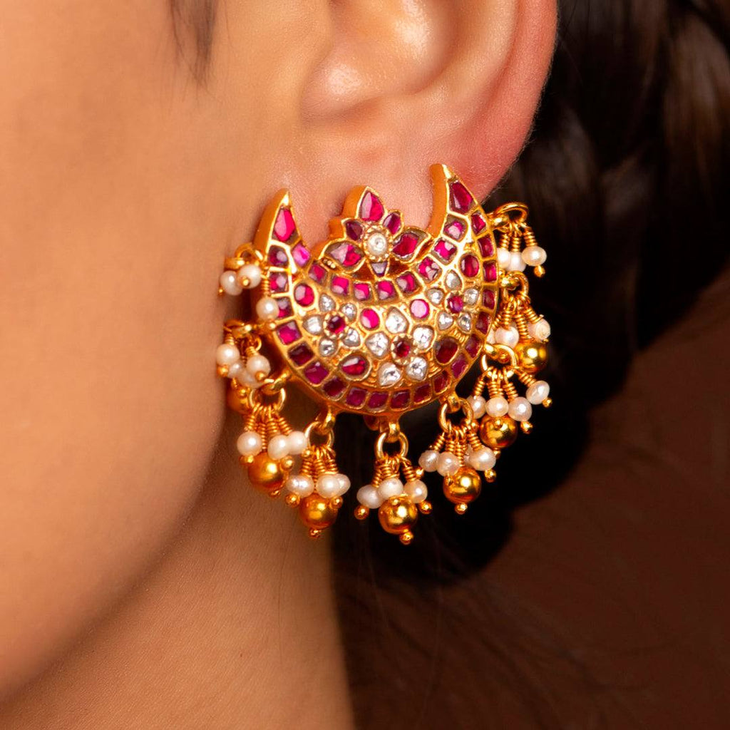 Silver Chandbali Earrings by Tavya Jewellery - side view