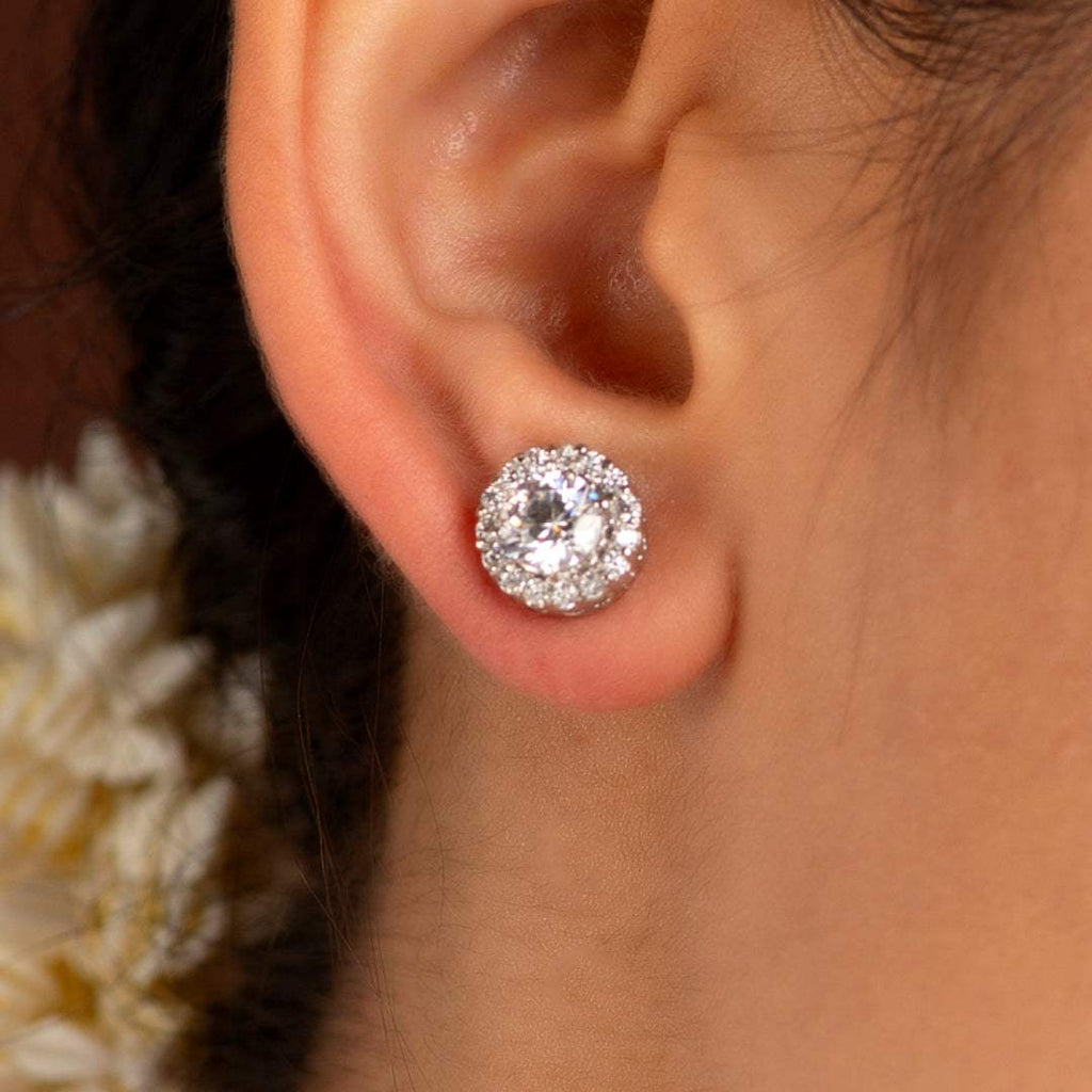 Timeless Brilliance CZ Halo Studs in Silver by Tavya Jewellery - side view