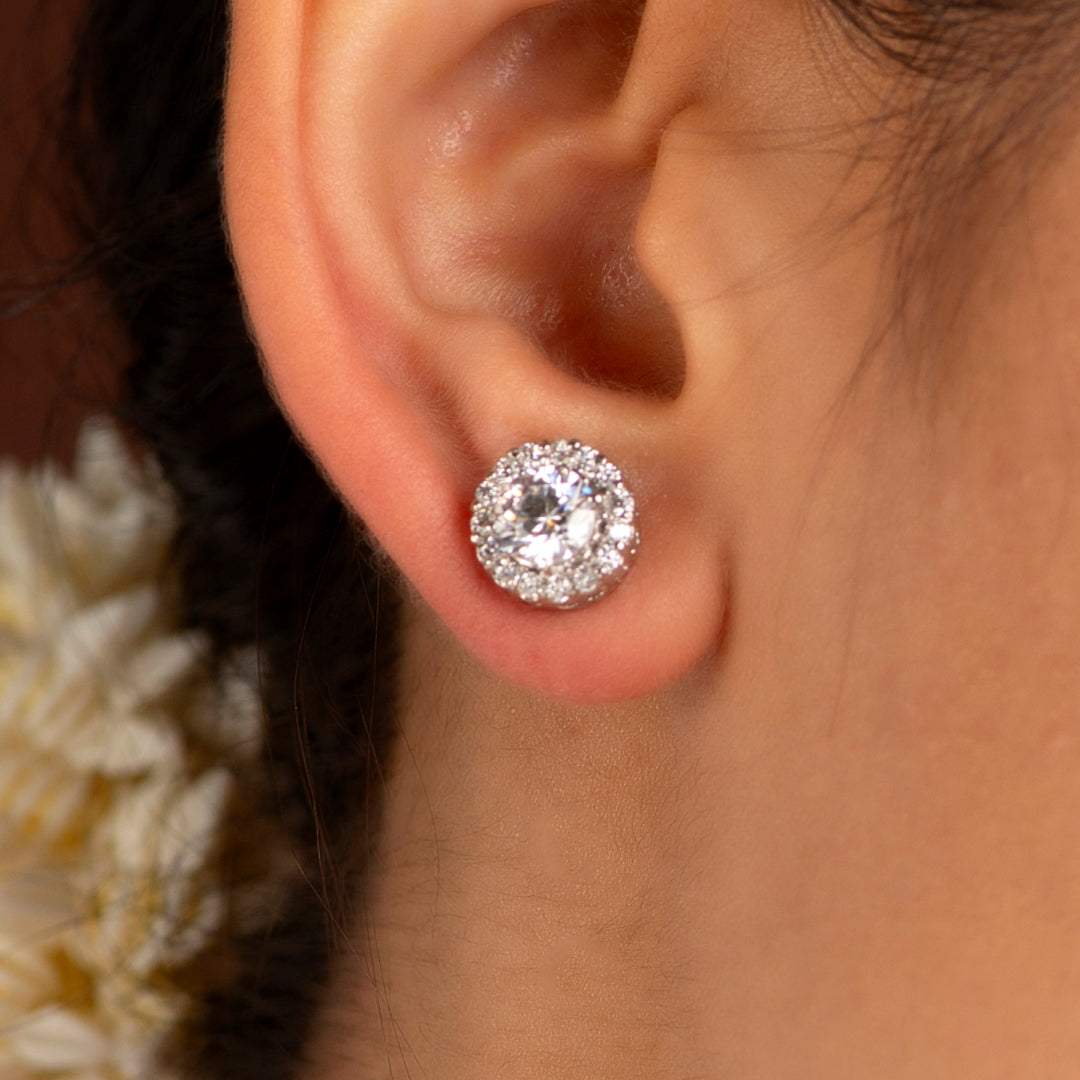 Timeless Brilliance CZ Halo Studs in Silver by Tavya Jewellery - side view