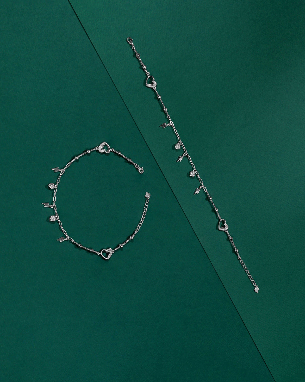 Silver Heart & Thunder Charm Anklet Set by Tavya Jewellery - close-up detail