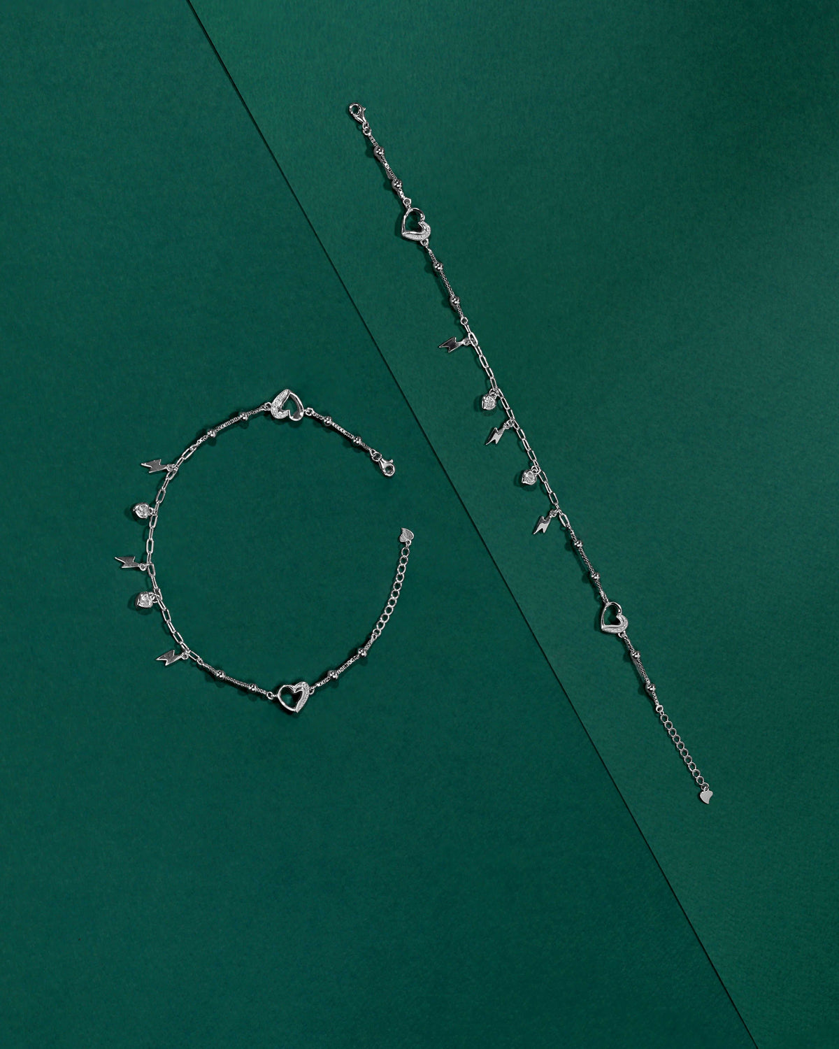 Silver Heart & Thunder Charm Anklet Set by Tavya Jewellery - close-up detail
