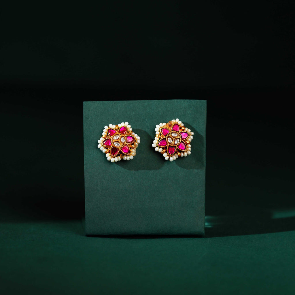 Crimson Bloom Silver Stud Earrings by Tavya Jewellery - close-up detail