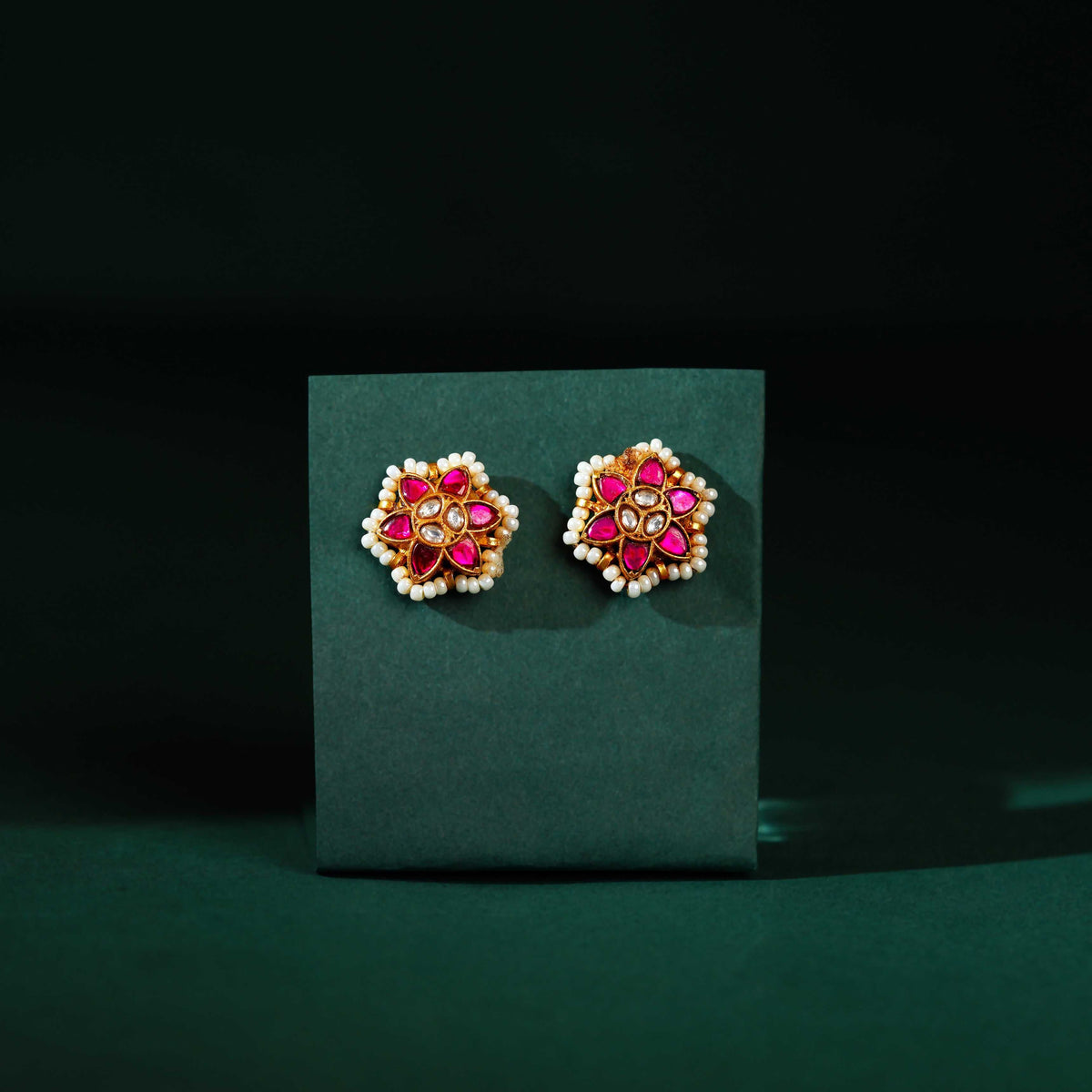 Crimson Bloom Silver Stud Earrings by Tavya Jewellery - close-up detail