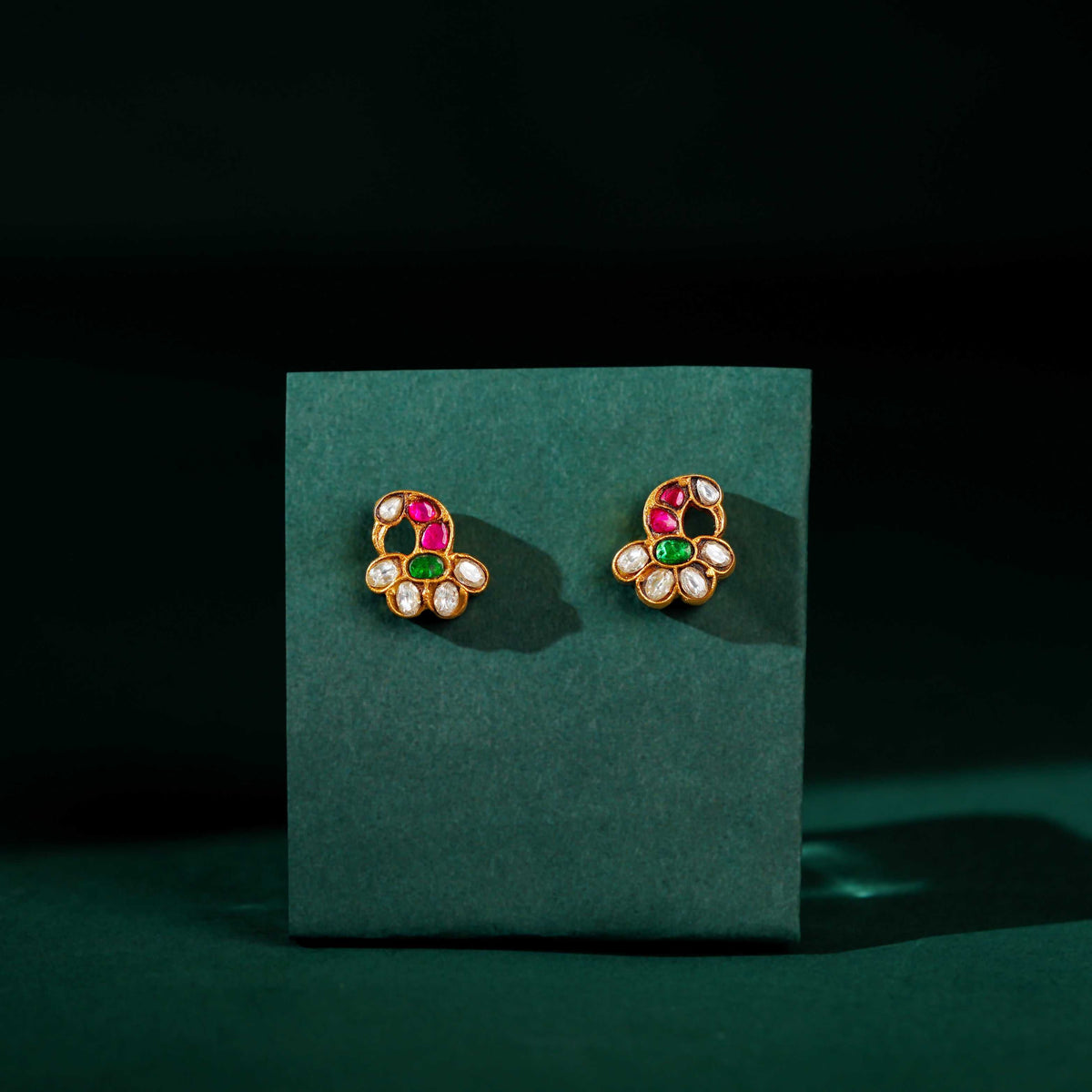 Gold-Plated Silver Peacock Studs by Tavya Jewellery - close-up detail