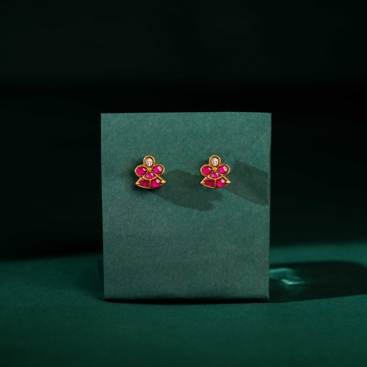 Silver Red Stone Floral Earrings by Tavya Jewellery - close-up detail