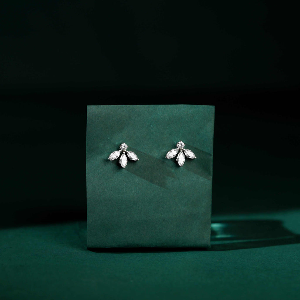 Sparkling Marquise Petal Floral Earrings in 92.5 Silver by Tavya Jewellery - close-up detail
