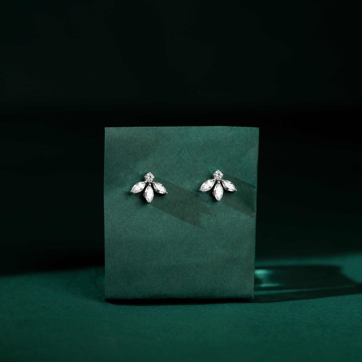 Sparkling Marquise Petal Floral Earrings in 92.5 Silver by Tavya Jewellery - close-up detail