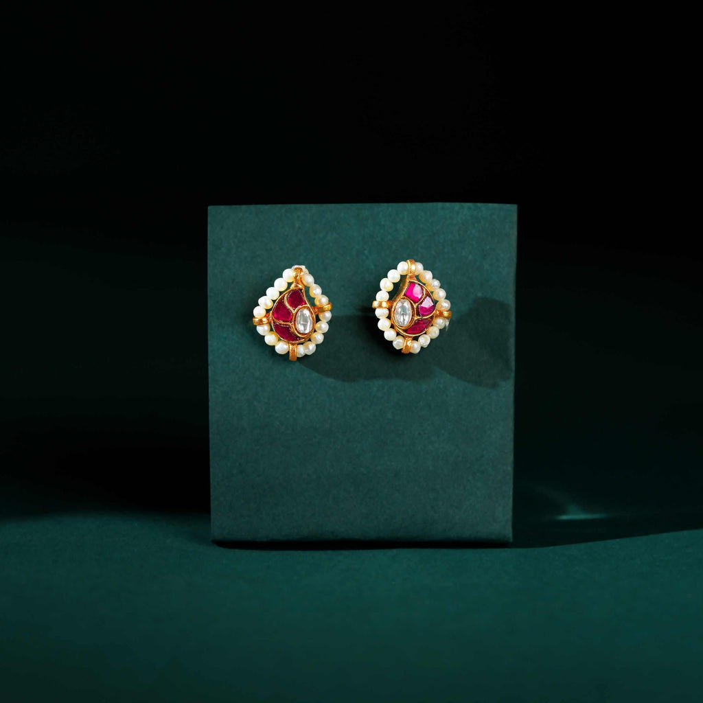 Crimson Glow Mango Pattern Silver Studs by Tavya Jewellery - close-up detail
