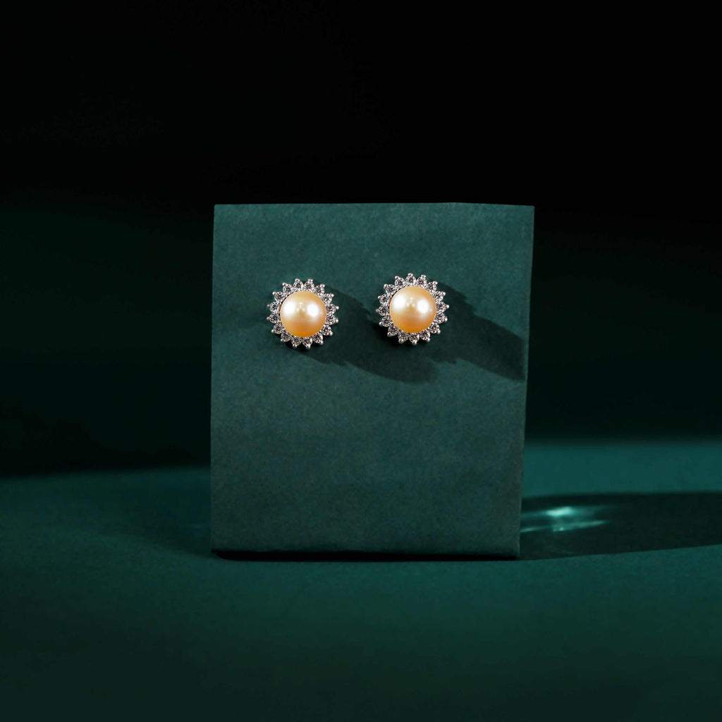 Celestial Bloom Pearl Stud Earrings (Sterling Silver Freshwater Pearls) by Tavya Jewellery - close-up detail
