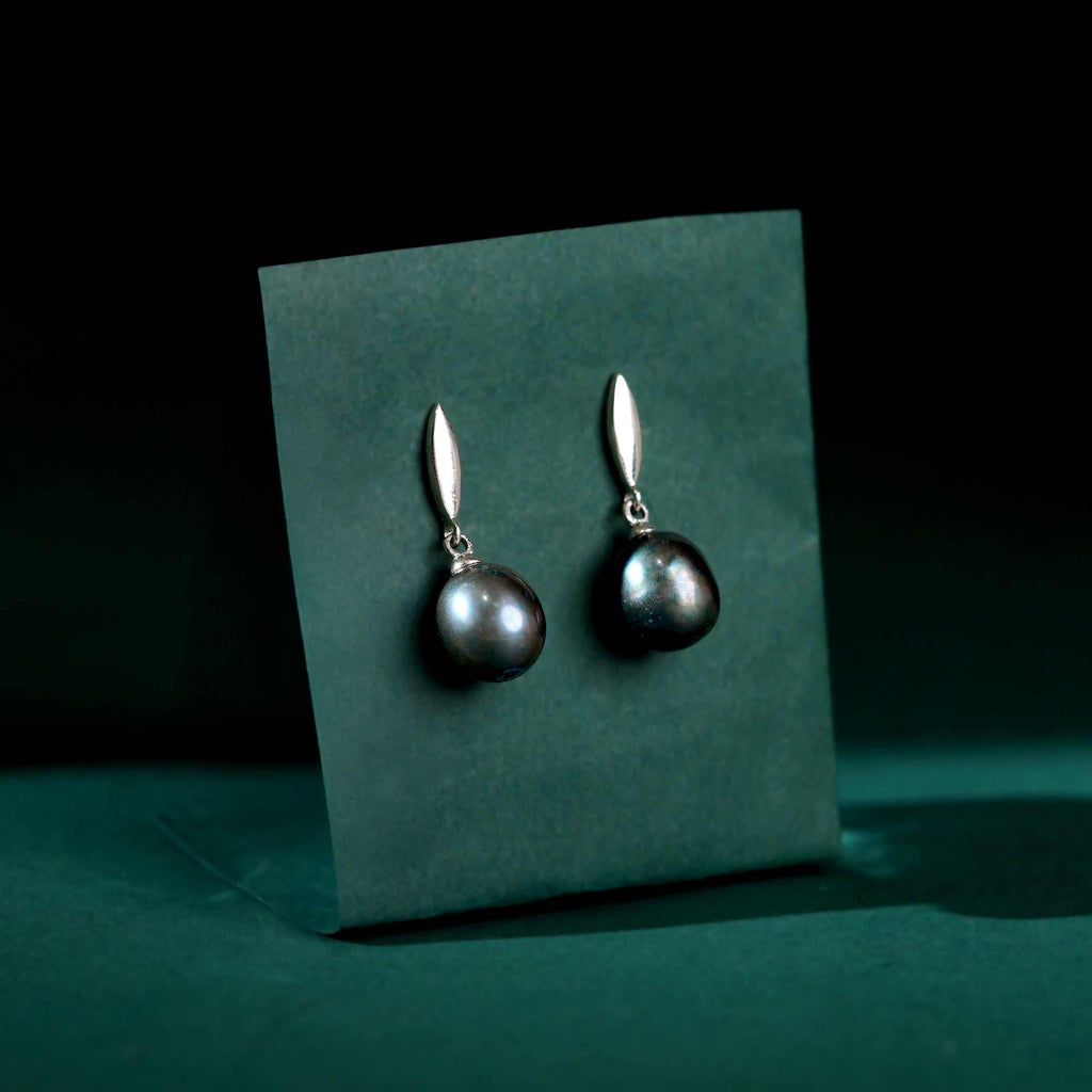 Silver Earrings with Hanging Black Pearl by Tavya Jewellery - close-up detail