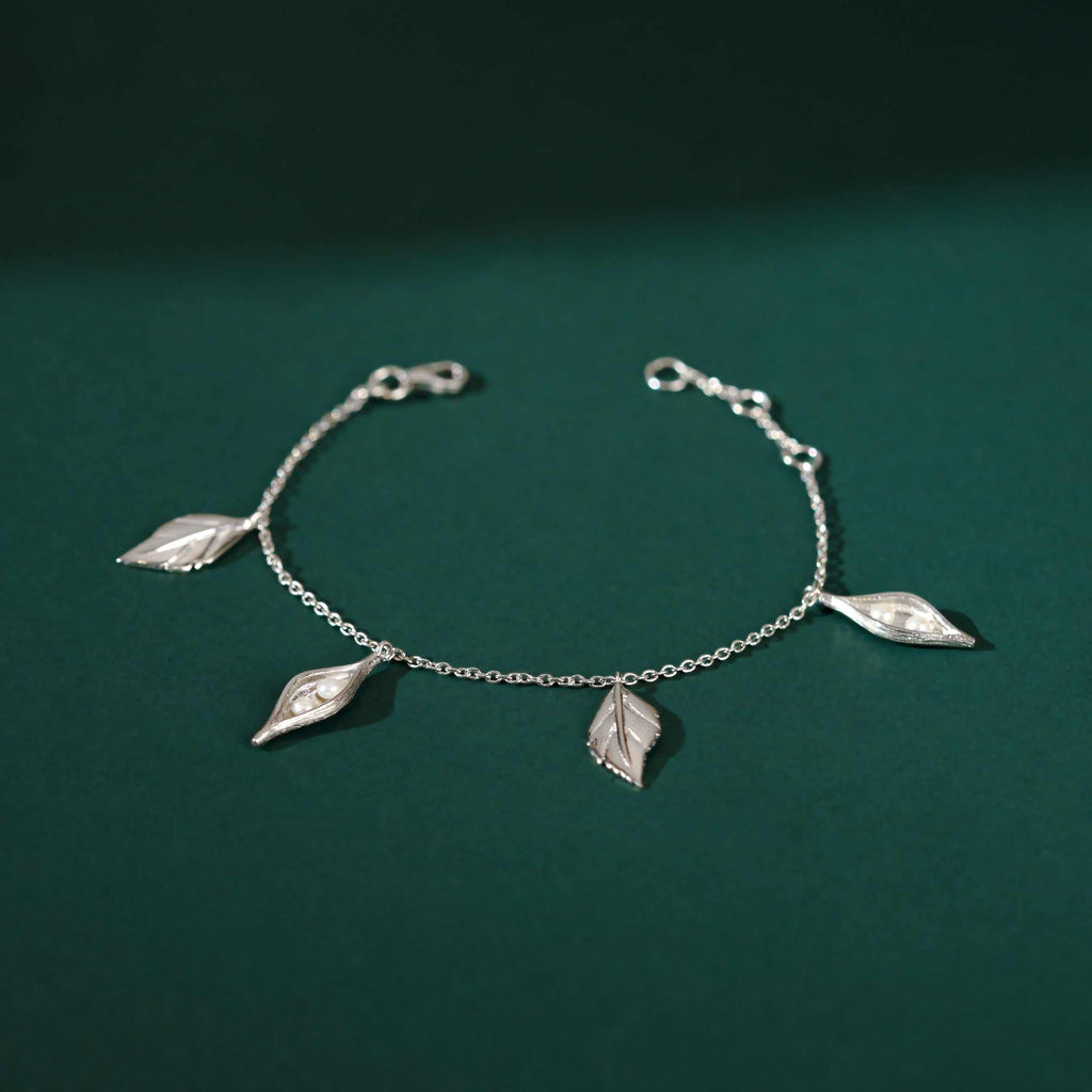 Silver Leaf & Pearl Drop Bracelet by Tavya Jewellery - close-up detail